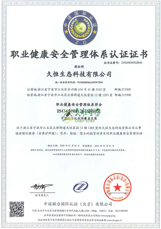 武汉江汉职业健康安全管理体系ISO45001证书